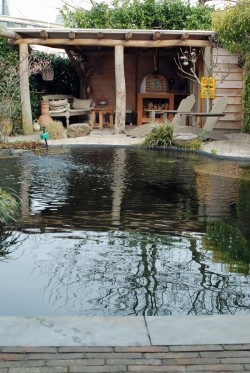 Ecologische zwemvijver annex natuurbad in Amersfoortse stadstuin, aangelegd door Van Amerongen Boomverzorgers en Hoveniers in Maarsbergen, Utrechtse Heuvelrug